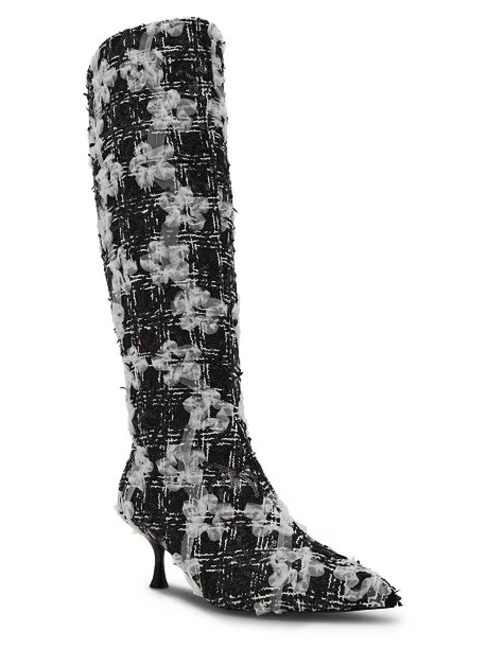 Betsey Johnson Black Tweed Over-the-Knee Floral Accent Pointed Toe Boots 6